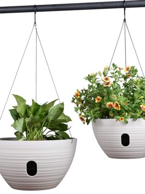 Dual-pots Design Hanging Planters Self-Watering Garden Plant Pots Indoor Outdoor Flower Hanging Baskets with Drainer and Hanging Chain, 2 Size Assorted