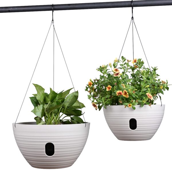 Dual-pots Design Hanging Planters Self-Watering Garden Plant Pots Indoor Outdoor Flower Hanging Baskets with Drainer and Hanging Chain, 2 Size Assorted