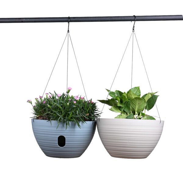 Dual-pots Design Hanging Planters Self-Watering Garden Plant Pots Indoor Outdoor Flower Hanging Baskets with Drainer and Hanging Chain, 2 Size Assorted